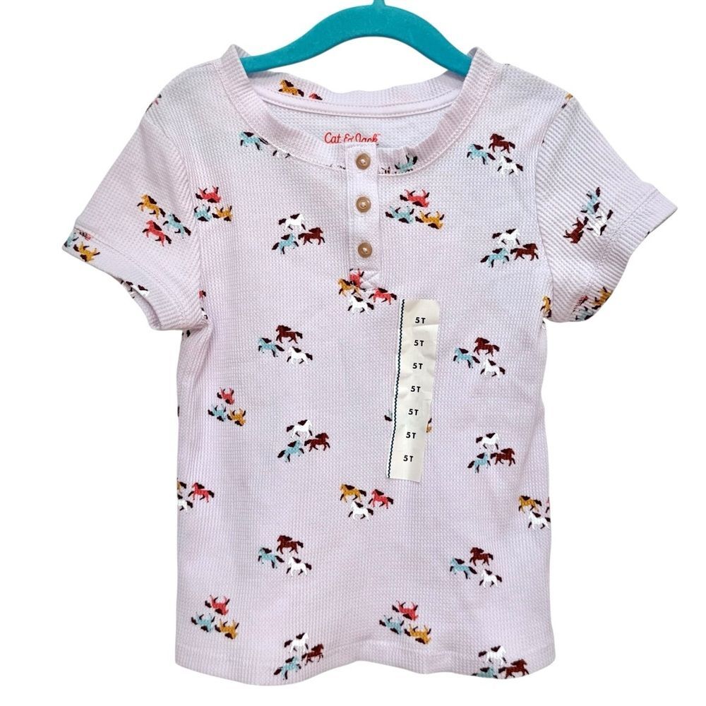 Cat & Jack Girls Kids Short Sleeve Lavender Horse Pattern Henley Tee. 5. 5T. NEW